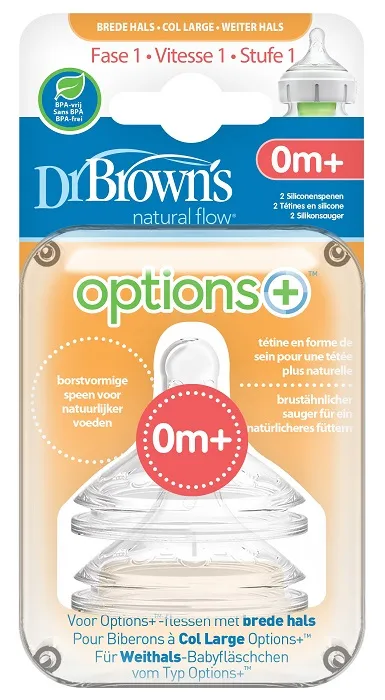 DR BROWN'S Options+ - 2 x smoczek do szerokiej butelki, poziom 1 | 0-3 m