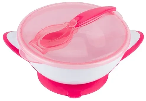 BABYONO - miseczka z przyssawką, przykrywką i łyżeczką | Różowa