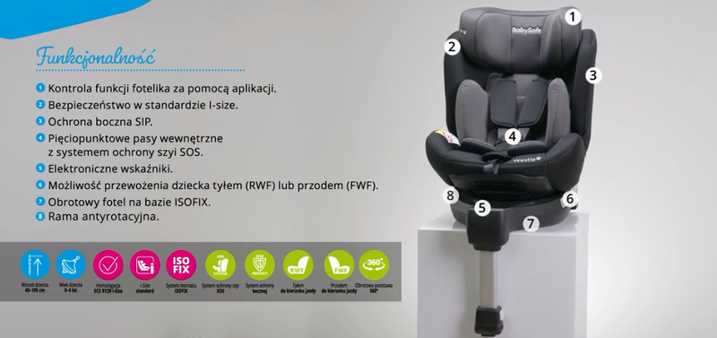 BABYSAFE Westie - obrotowy multimedialny fotelik samochodowy RWF FWF 0-18 kg | Grey-Black