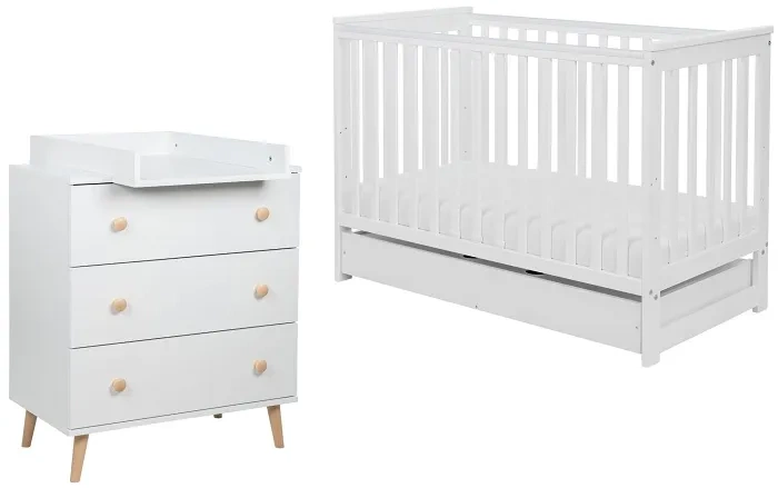 YOONCO - łóżeczko drewniane Iwi z szufladą + komoda z przewijakiem | Białe