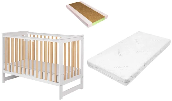 YOONCO - łóżeczko drewniane Iwi z barierką + materac Nature | Białe-Buk