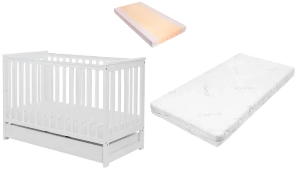 YOONCO - łóżeczko drewniane Iwi z szufladą i barierką + materac Air | Białe