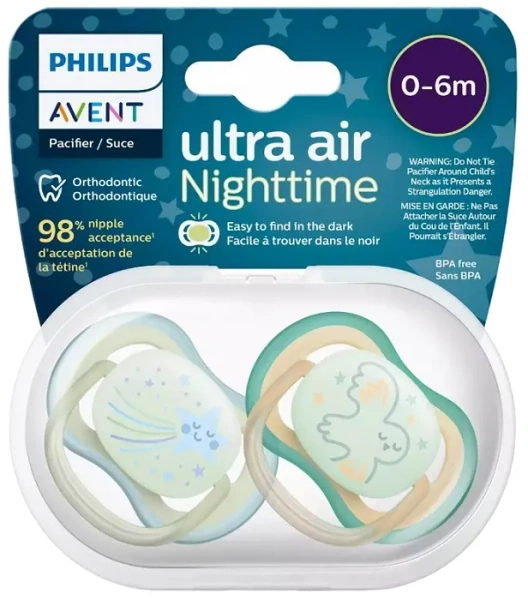 PHILIPS AVENT Ultra Air Nighttime - smoczek ortodontyczny 2 szt. | 0-6 m