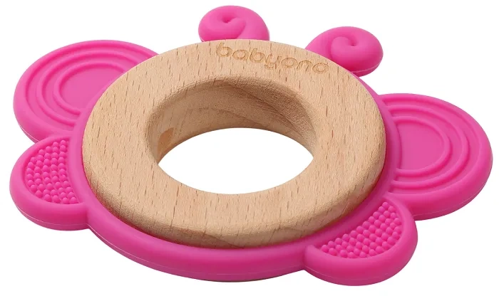 BABYONO - gryzak drewniano-silikonowy Butterfly | Różowy