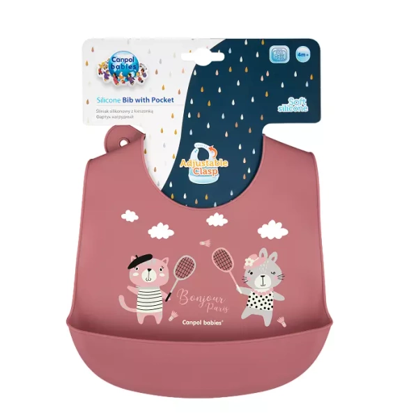 CANPOL BABIES -  śliniak silikonowy z kieszonką BONJOUR PARIS | różowy
