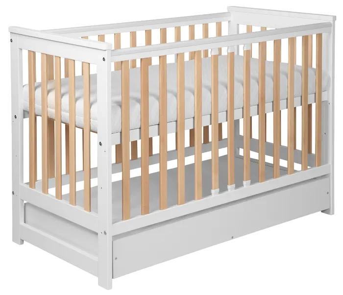 YOONCO - łóżeczko drewniane Iwi z szufladą i barierką + materac Wave | Białe-Buk