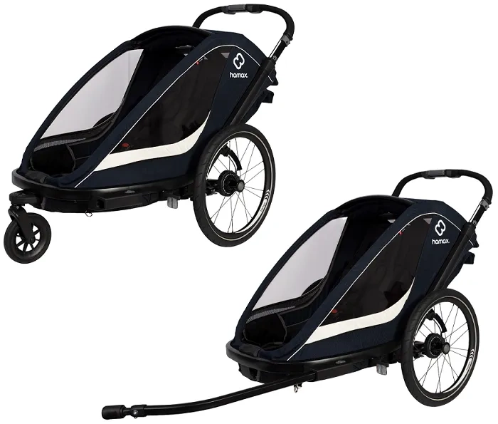 HAMAX Breeze - dwuosobowa przyczepka rowerowa z zestawem do biegania | Navy/Cream