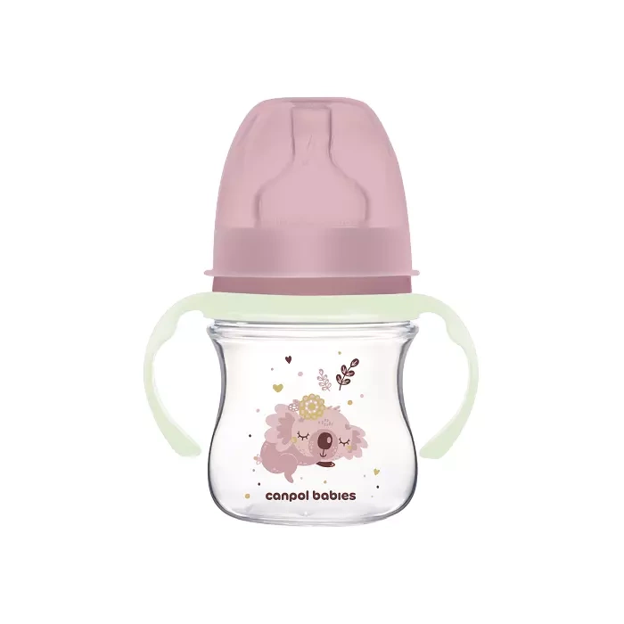 CANPOL BABIES - butelka szeroka antykolkowa ze świecącymi uchwytami PP EasyStart 120ml | Sleepy Koala różowa