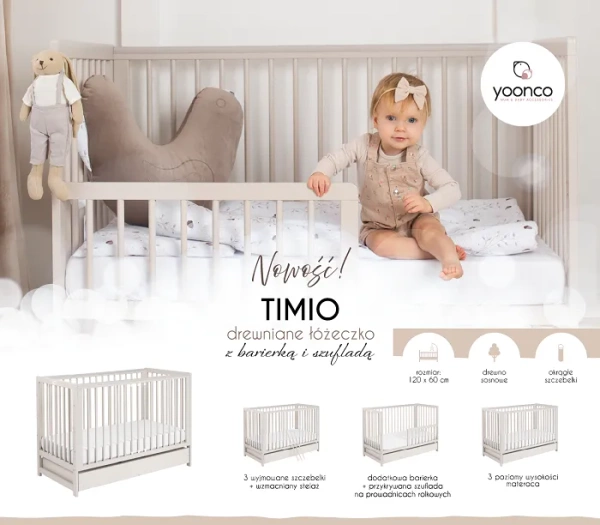 YOONCO - łóżeczko drewniane Timio z szufladą i barierką + materac Air | Białe