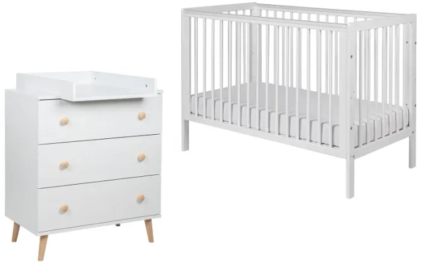 YOONCO - łóżeczko drewniane Timio + komoda z przewijakiem | Białe