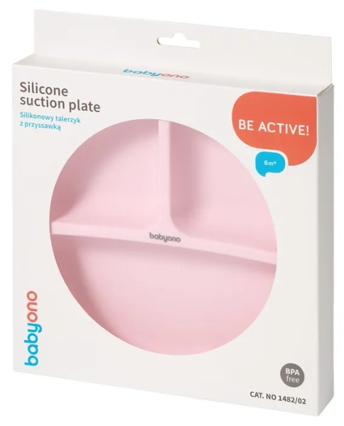BABYONO - silikonowy talerzyk trójdzielny z przyssawką | Różowy