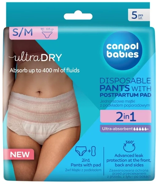 CANPOL BABIES - ultrachłonne jednorazowe majtki poporodowe 2w1 z podkładem 5 szt. | S/M