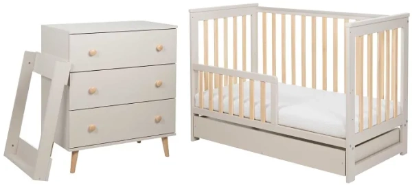 YOONCO - łóżeczko drewniane Iwi z szufladą + komoda z przewijakiem | Beż-Buk