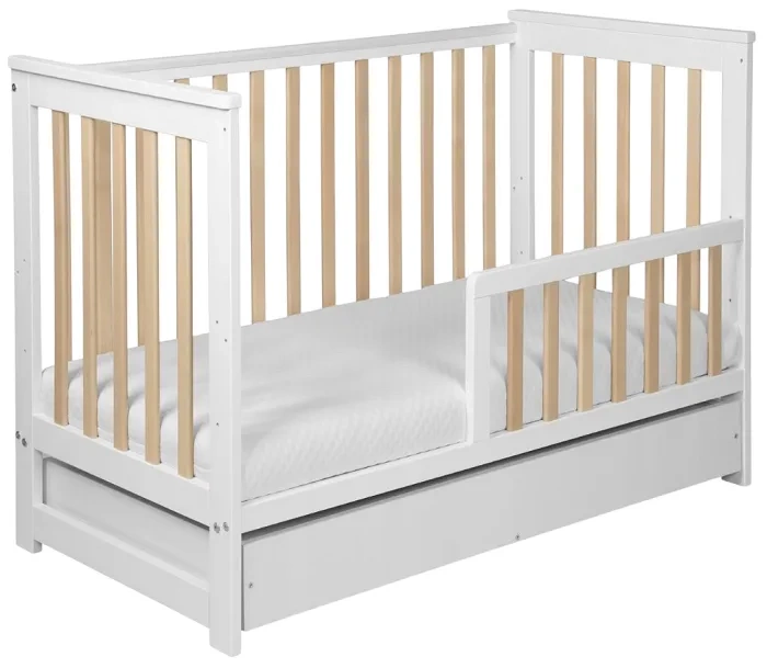 YOONCO - łóżeczko drewniane Iwi z szufladą + komoda z przewijakiem | Białe-Buk