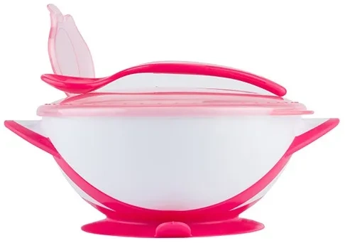 BABYONO - miseczka z przyssawką, przykrywką i łyżeczką | Różowa