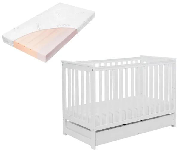 YOONCO - łóżeczko drewniane Iwi z szufladą i barierką + materac Air | Białe