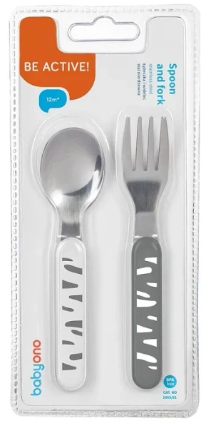 BABYONO - łyżeczka i widelec ze stali szlachetnej | Szaro-białe