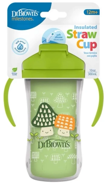 DR BROWN'S - kubek termiczny niekapek ze słomką 300 ml, 12 m+ | Zielony