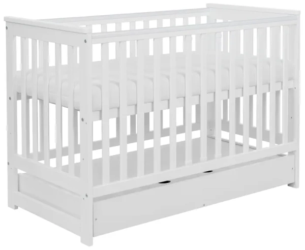 YOONCO - łóżeczko drewniane Iwi z szufladą i barierką | Białe