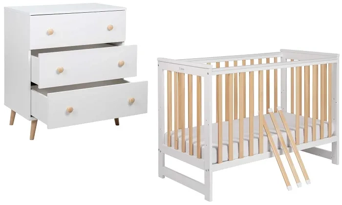 polskie łóżeczko z litego drewna yoonco iwi w zestawie z komodą