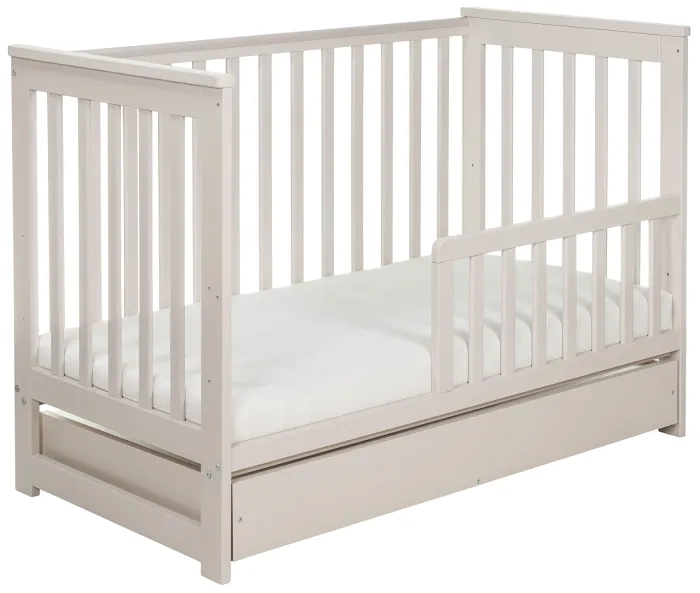 YOONCO - łóżeczko drewniane Iwi z szufladą i barierką + materac Wave | Beżowe