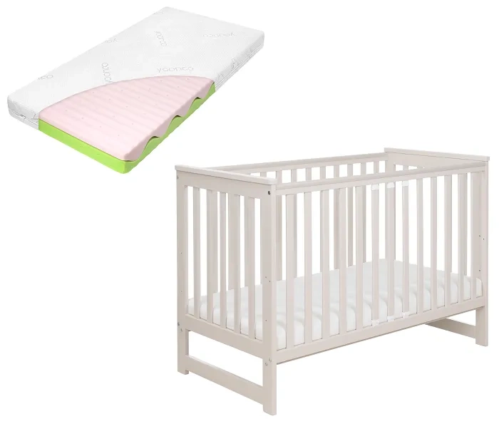 YOONCO - łóżeczko drewniane Iwi z barierką + materac Wave | Beż