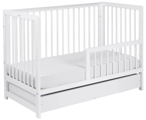 YOONCO - łóżeczko drewniane Timio z szufladą i barierką | Białe