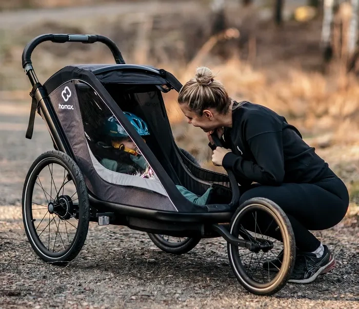 HAMAX Cocoon One - jednoosobowa przyczepka rowerowa z zestawem do biegania | Green/Black