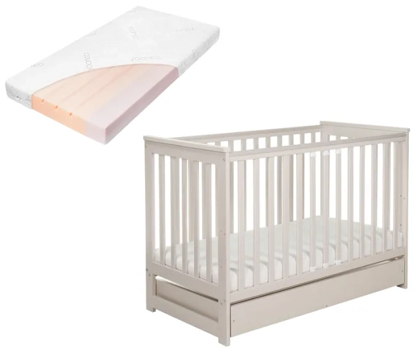 YOONCO - łóżeczko drewniane Iwi z szufladą i barierką + materac Air | Beżowe