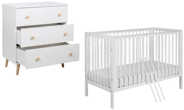 YOONCO - łóżeczko drewniane Timio + komoda z przewijakiem | Białe