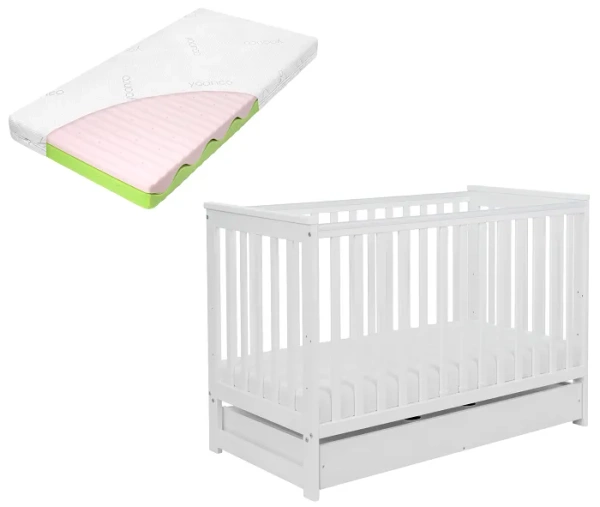 YOONCO - łóżeczko drewniane Iwi z szufladą i barierką + materac Wave | Białe