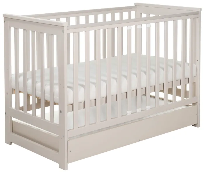 YOONCO - łóżeczko drewniane Iwi z szufladą i barierką + materac Wave | Beżowe