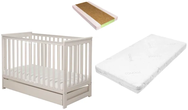 YOONCO - łóżeczko drewniane Iwi z szufladą i barierką + materac Nature | Beżowe