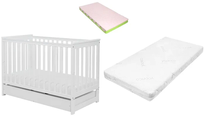 YOONCO - łóżeczko drewniane Iwi z szufladą i barierką + materac Wave | Białe