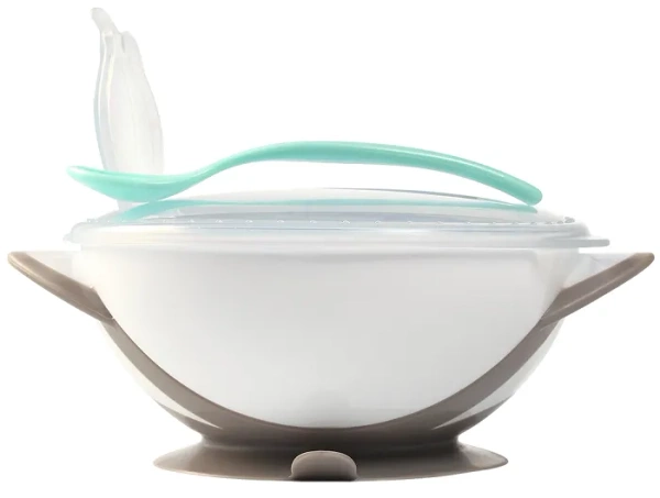 BABYONO - miseczka z przyssawką, przykrywką i łyżeczką | Brązowa