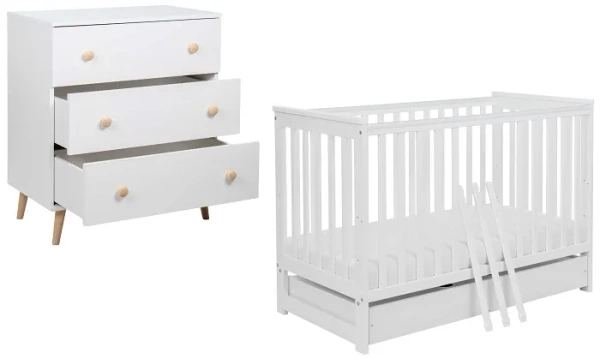 YOONCO - łóżeczko drewniane Iwi z szufladą + komoda z przewijakiem | Białe