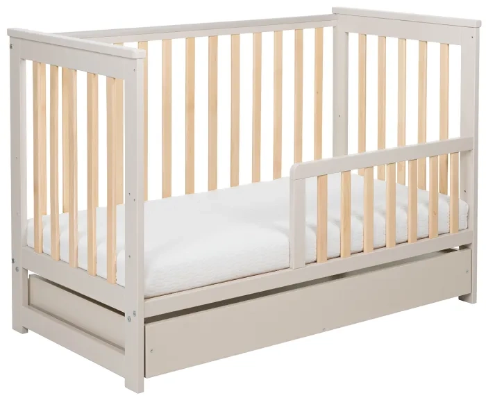 YOONCO - łóżeczko drewniane Iwi z szufladą i barierką + materac Air | Beż-Buk