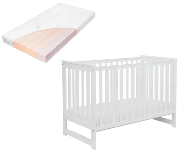YOONCO - łóżeczko drewniane Iwi z barierką + materac Air | Białe