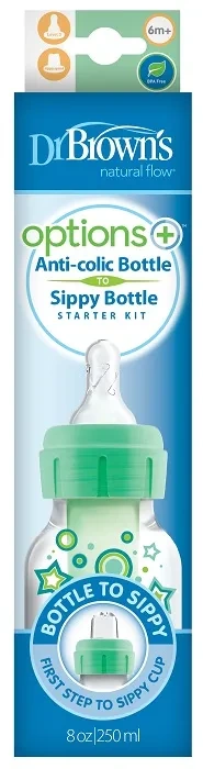 DR BROWN'S Options+ - antykolkowa, wąska butelka standard 250 ml ze smoczkiem i ustnikiem 6 m+ | Zielona