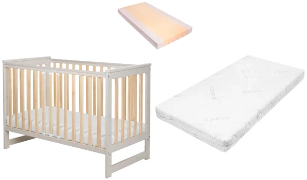 YOONCO - łóżeczko drewniane Iwi z barierką + materac Air | Beż-Buk