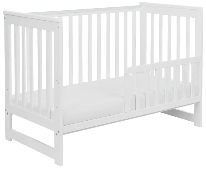 YOONCO - łóżeczko drewniane Iwi z barierką + materac Wave | Białe