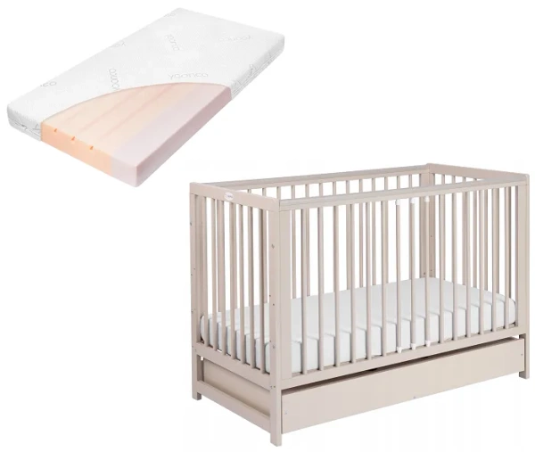 YOONCO - łóżeczko drewniane Timio z szufladą i barierką + materac Air | Beżowe