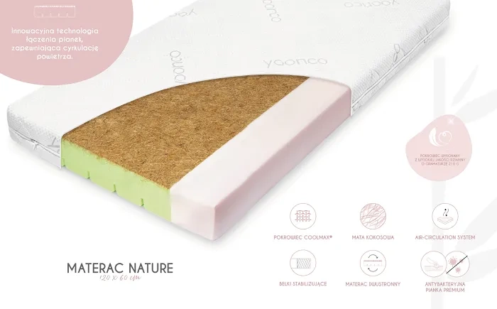 YOONCO - łóżeczko drewniane Iwi z barierką + materac Nature | Białe