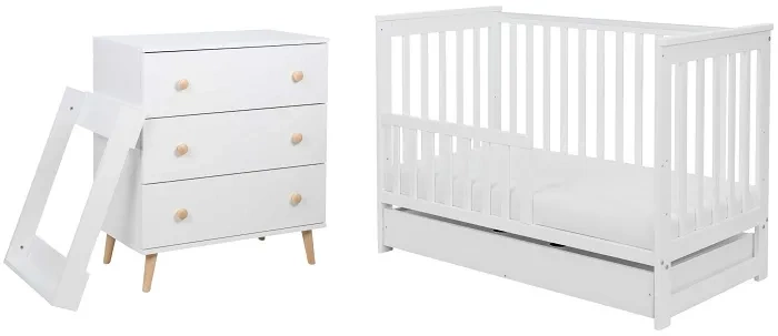 YOONCO - łóżeczko drewniane Iwi z szufladą + komoda z przewijakiem | Białe