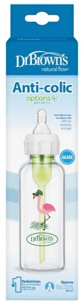 DR BROWN'S Options+ - antykolkowa, wąska szklana butelka standard 250 ml, poziom 2, 3 m+ | Flaming