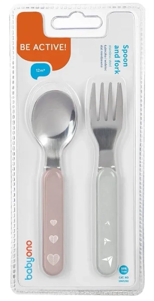 BABYONO - łyżeczka i widelec ze stali szlachetnej | Szaro-różowe