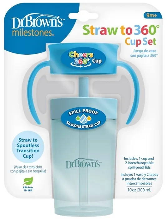 DR BROWN'S Straw to 360° - kubek ze słomką i zaworkiem 300 ml, 9 m+ | Niebieski