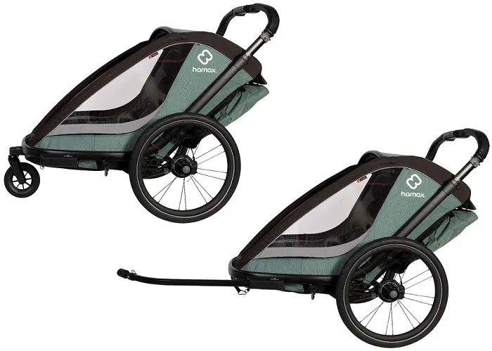 HAMAX Cocoon - dwuosobowa przyczepka rowerowa z zestawem do biegania | Green/Black