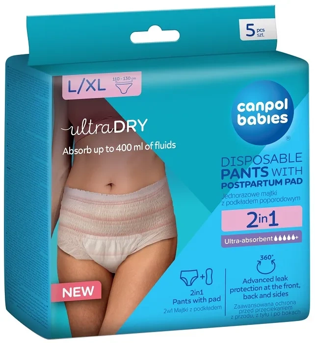 CANPOL BABIES - ultrachłonne jednorazowe majtki poporodowe 2w1 z podkładem 5 szt. | L/XL