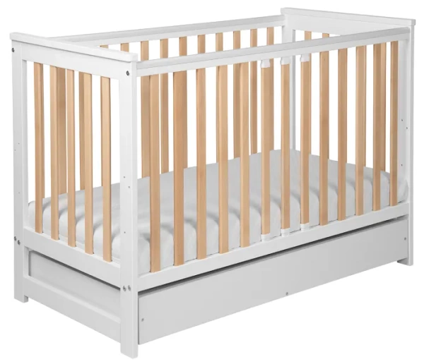 YOONCO - łóżeczko drewniane Iwi z szufladą i barierką + materac Air | Białe-Buk